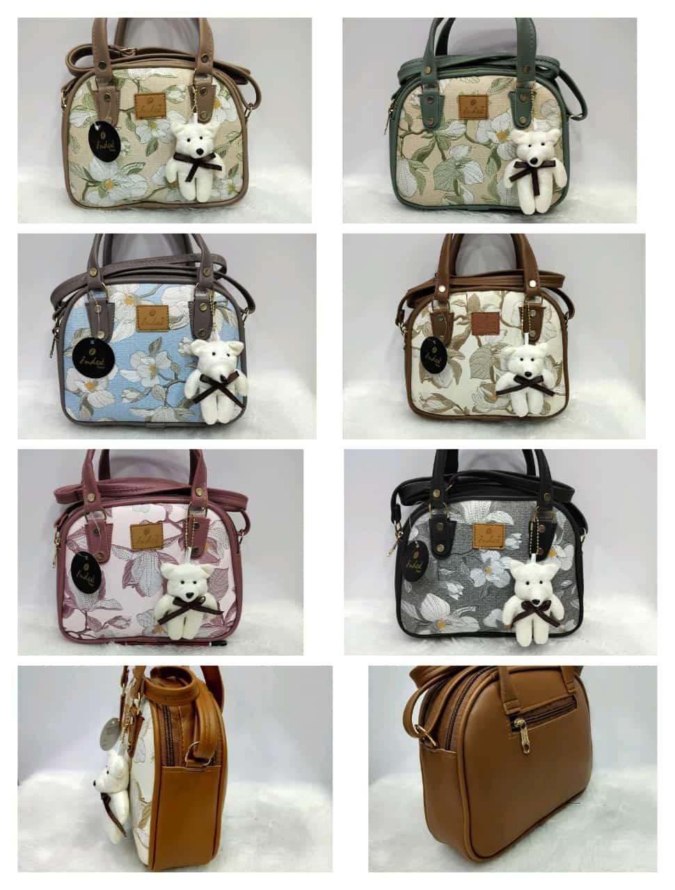 Distinct floral or leaf-like print and is adorned with a small white teddy bear charm attached to the front